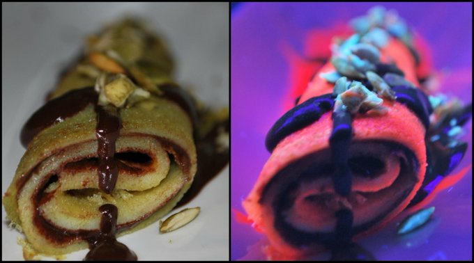 A rolled Luma Bites creation shown in normal light and under ultraviolet light