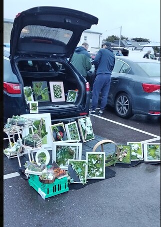 My Nádúr Crafts artwork arranged from the boot of a car at a car boot sale