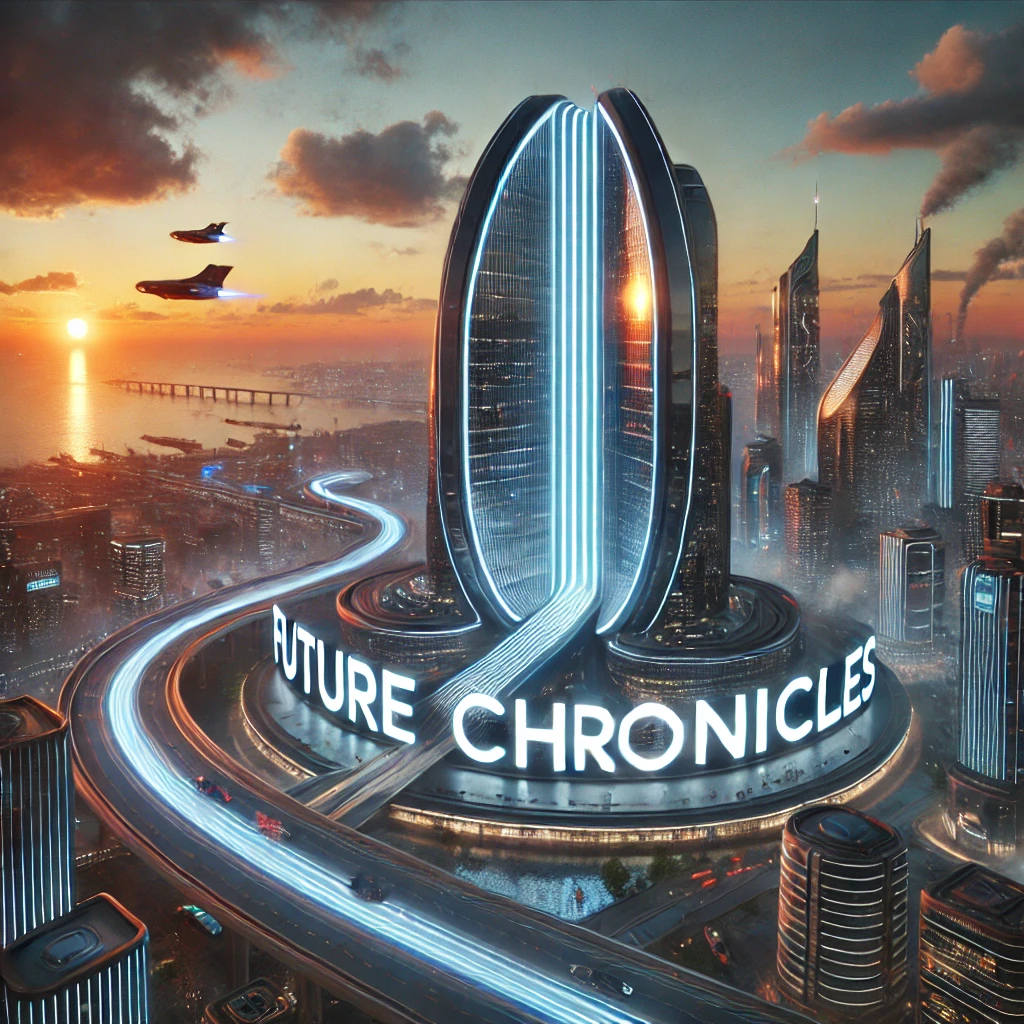 A futuristic coastal city at sunset with illuminated towers and flying vehicles for Future Chronicles