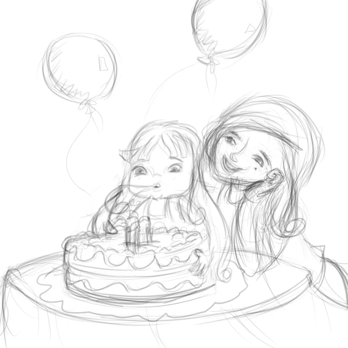 Pencil sketch of a mother and daughter beside a birthday cake
