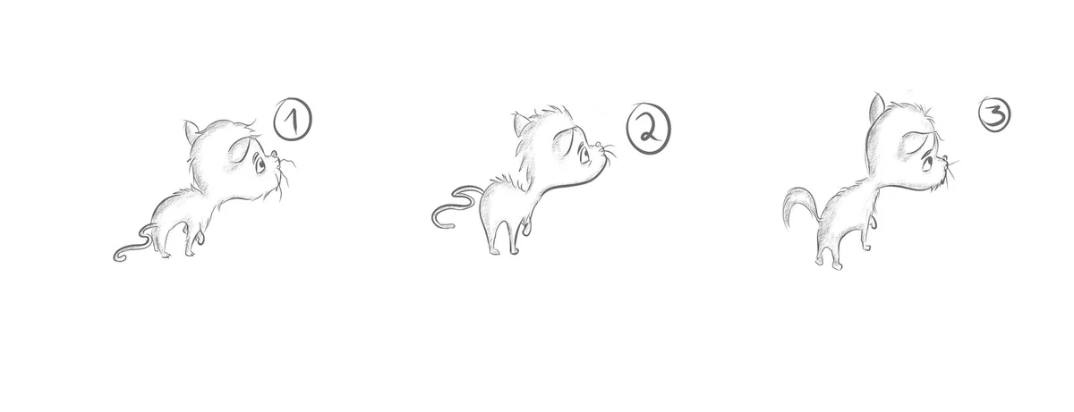 Small sequence of pencil sketches showing a cat in motion