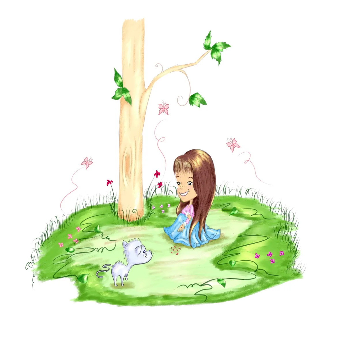 Colour scene of a young girl meeting a small cat outdoors