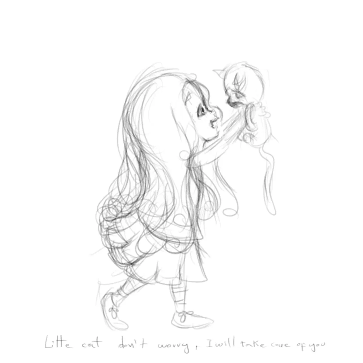 Pencil sketch of a girl holding a cat