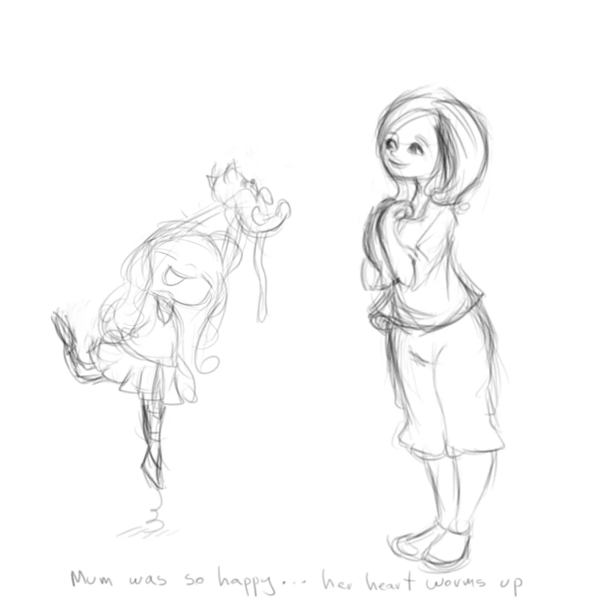 Pencil sketch of a mother and daughter sharing a tender moment