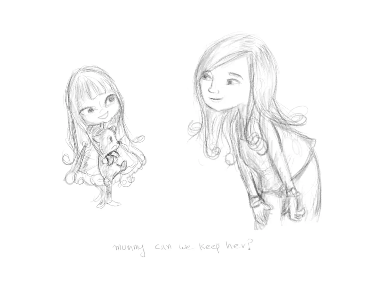 Pencil sketch of a mother and daughter with a cat