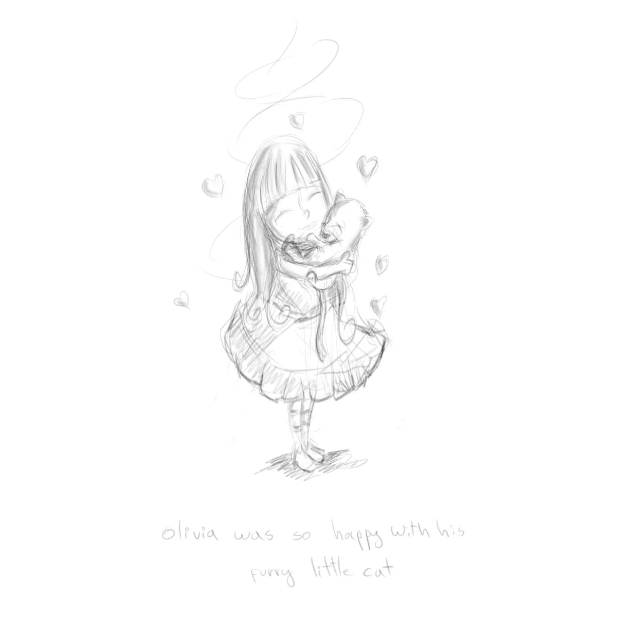 Pencil sketch of a young girl cuddling a small cat