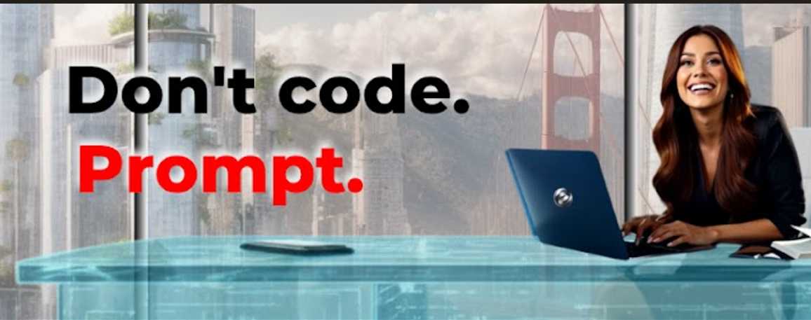 Made With Adaptive banner showing Don't code. Prompt. over a futuristic city scene with a woman using a laptop