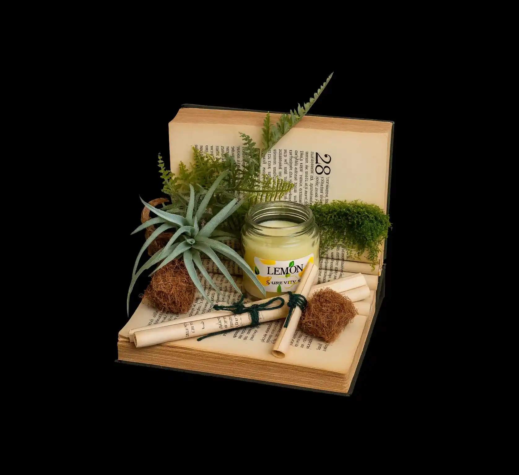 An upcycled book artwork decorated with a small plant and natural materials
