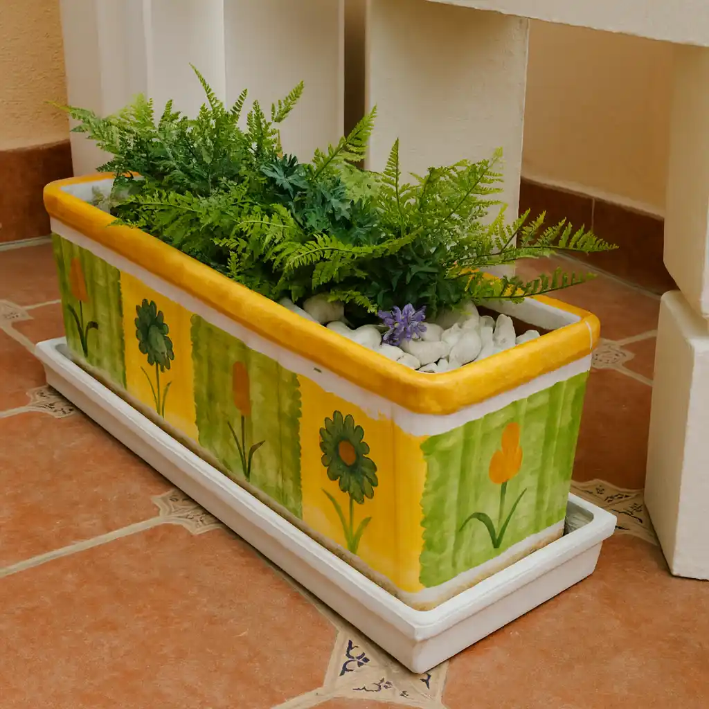 A colorful reclaimed planter box filled with lush greenery