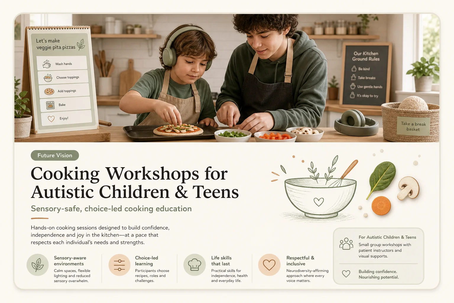 A calm, organised cooking space where a child and teenager follow a visual recipe together