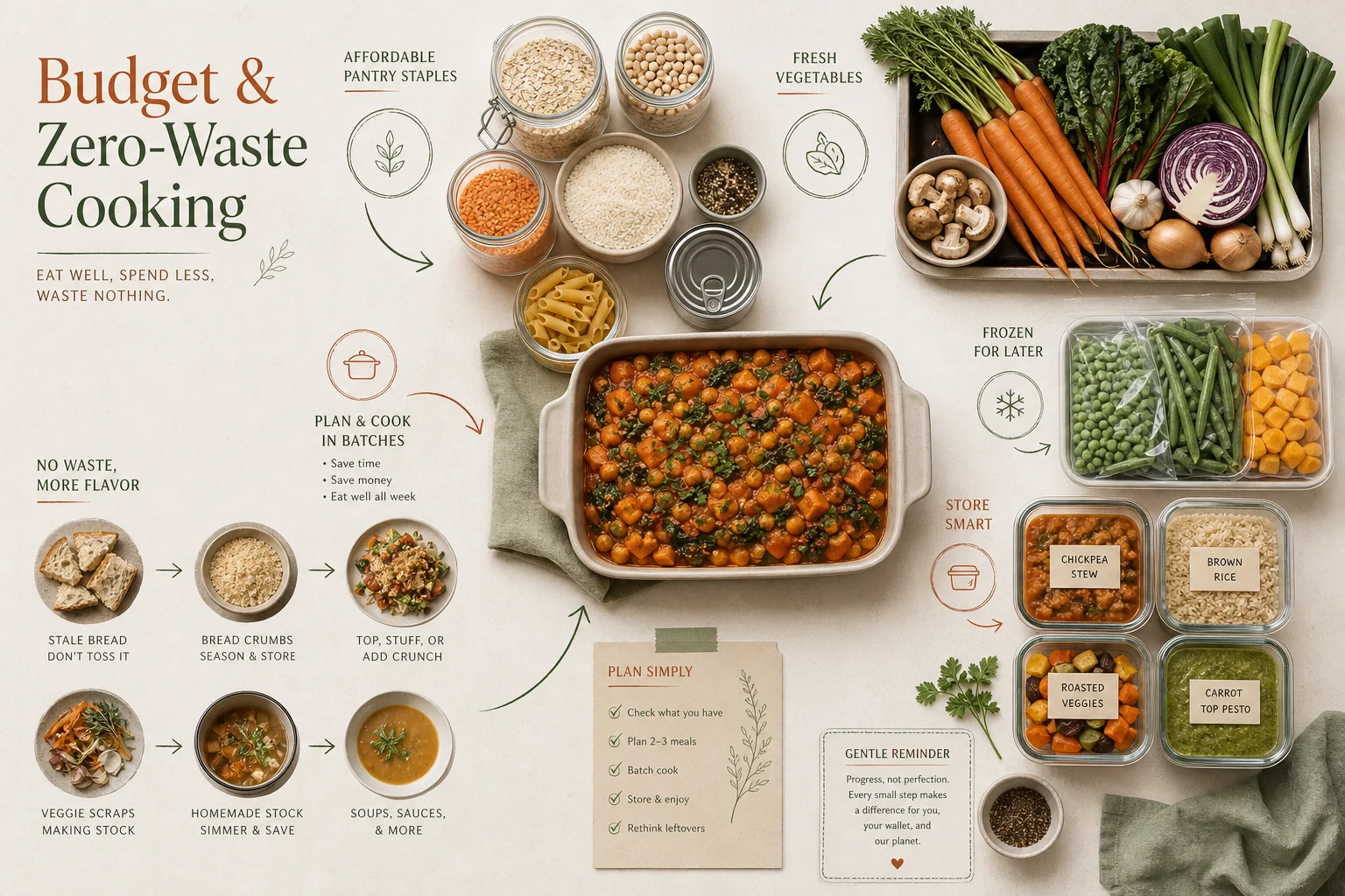 An organised kitchen visualising affordable staples, batch cooking and useful leftovers