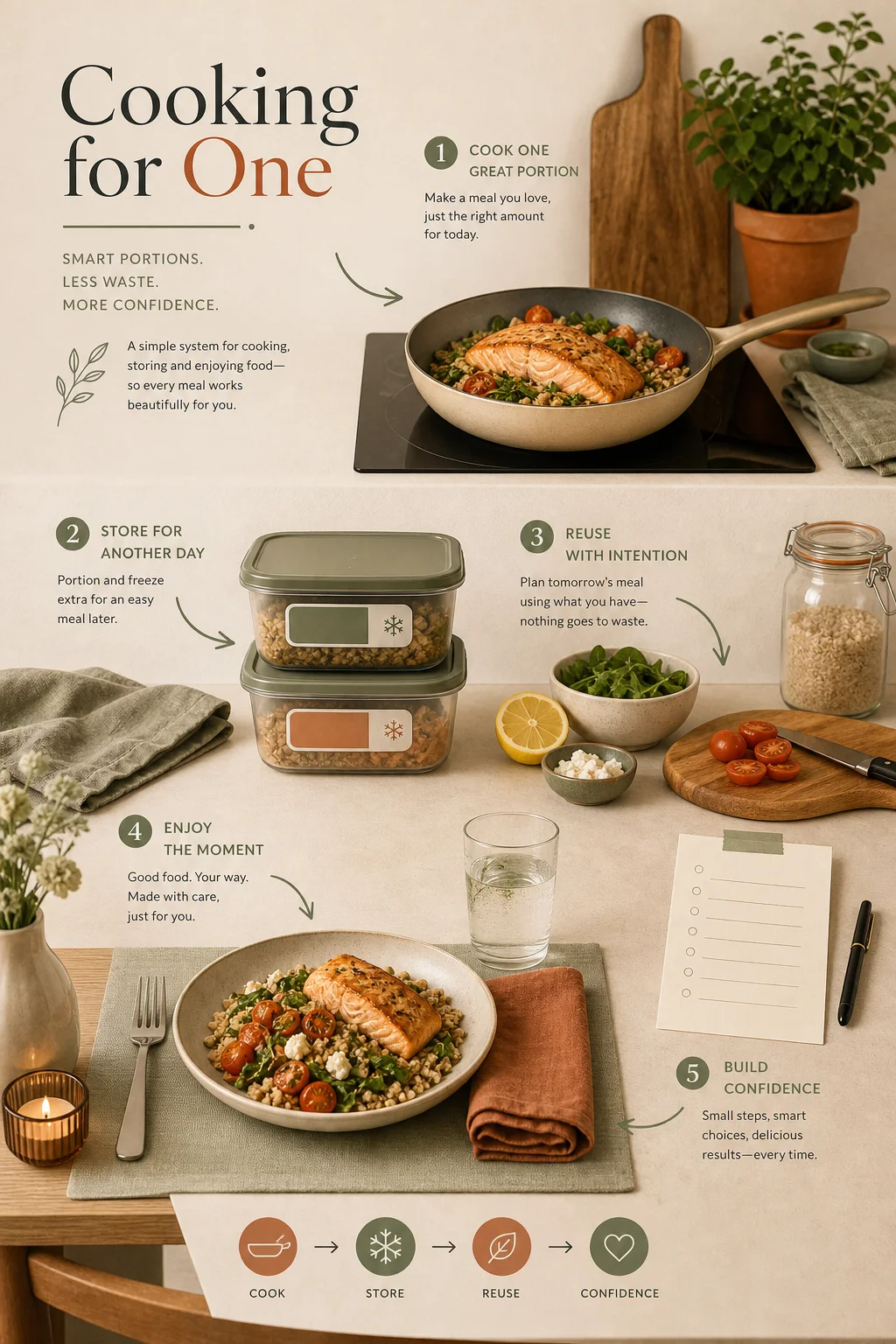 A single place setting with planned ingredients, labelled freezer portions and a small meal plan