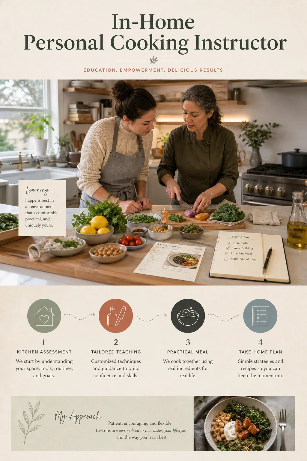 A learner and cooking instructor working together in a real home kitchen with a personalised recipe plan