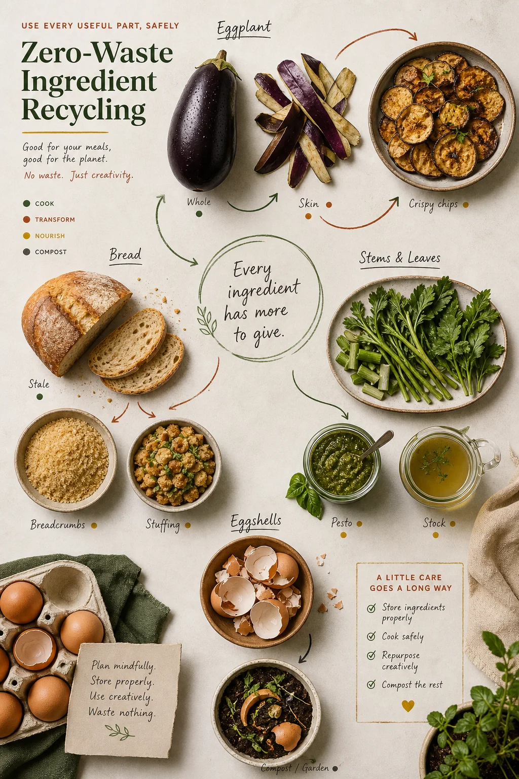 A transformation map showing bread, vegetable parts and eggshells moving into safe food, garden or compost uses