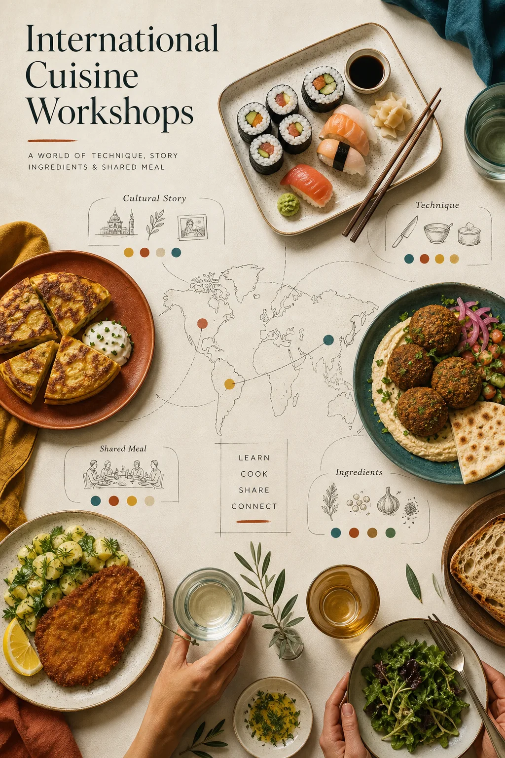 A shared table showing distinct food traditions as part of a world-on-a-plate cooking workshop