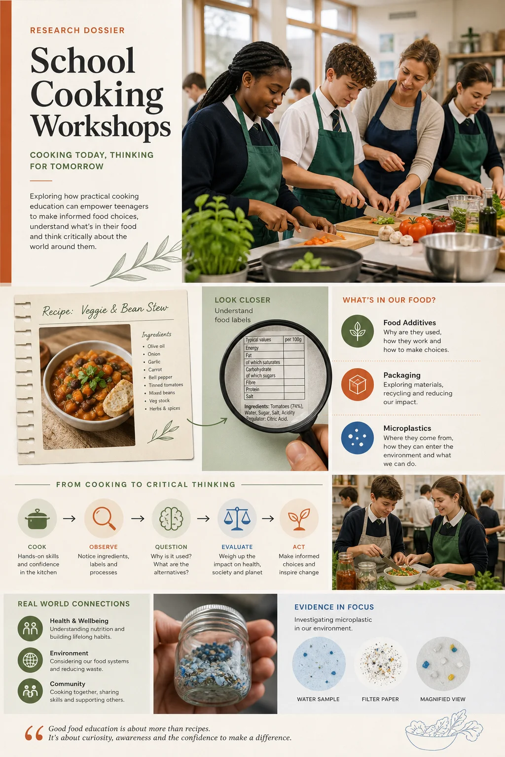 Teenagers learning in a school home-economics kitchen while examining a food label and packaging